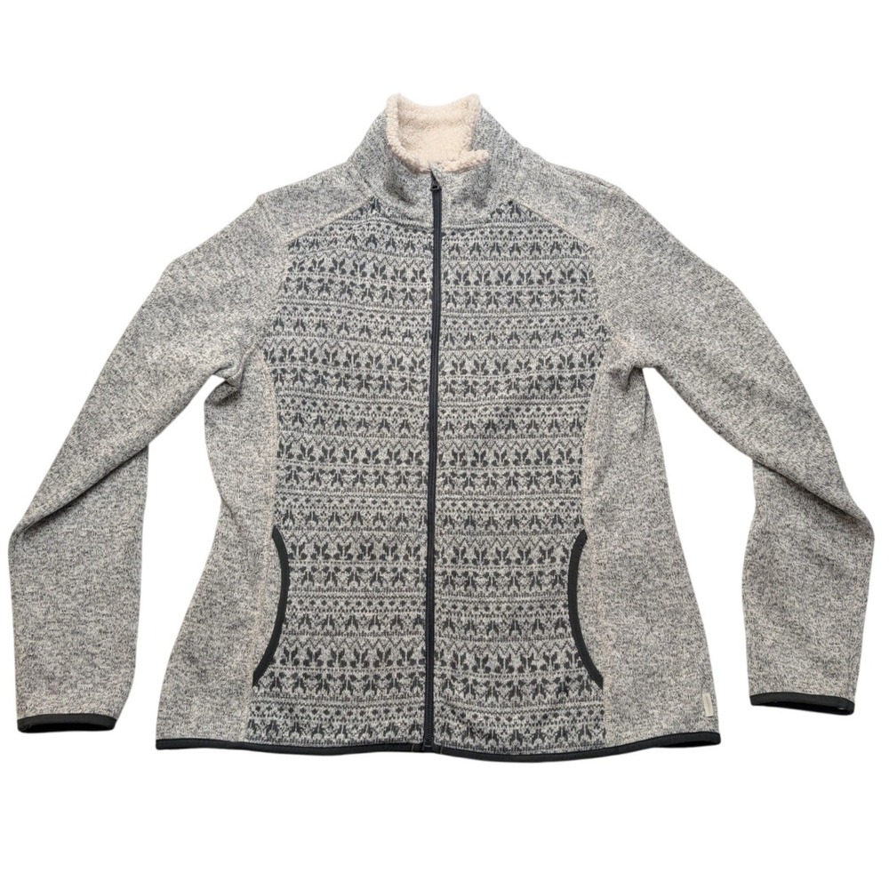 Eddie Bauer Full Zip Fleece Jacket Womens L Gray Nordic Sherpa Collar